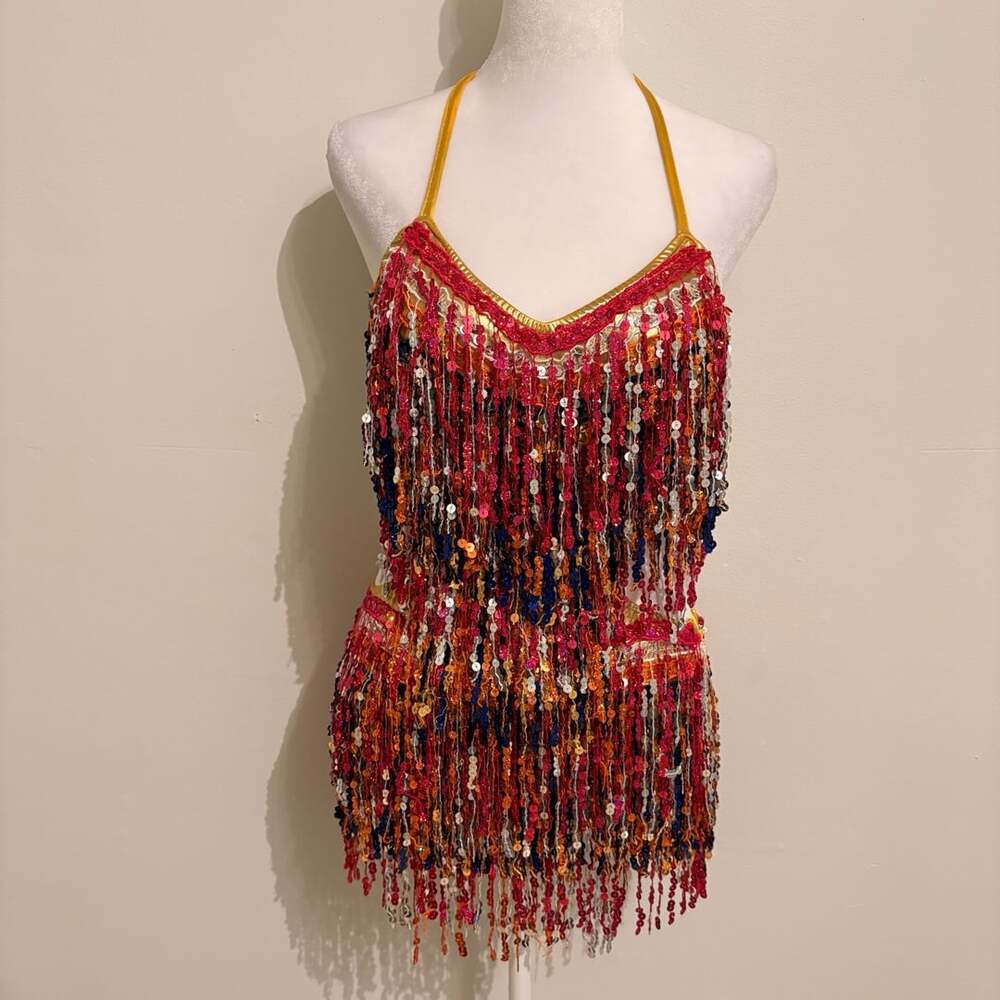 Glamour Costumes Sequin Fringe Halter Mini Dress Dance Showgirl Y2K Rave Medium